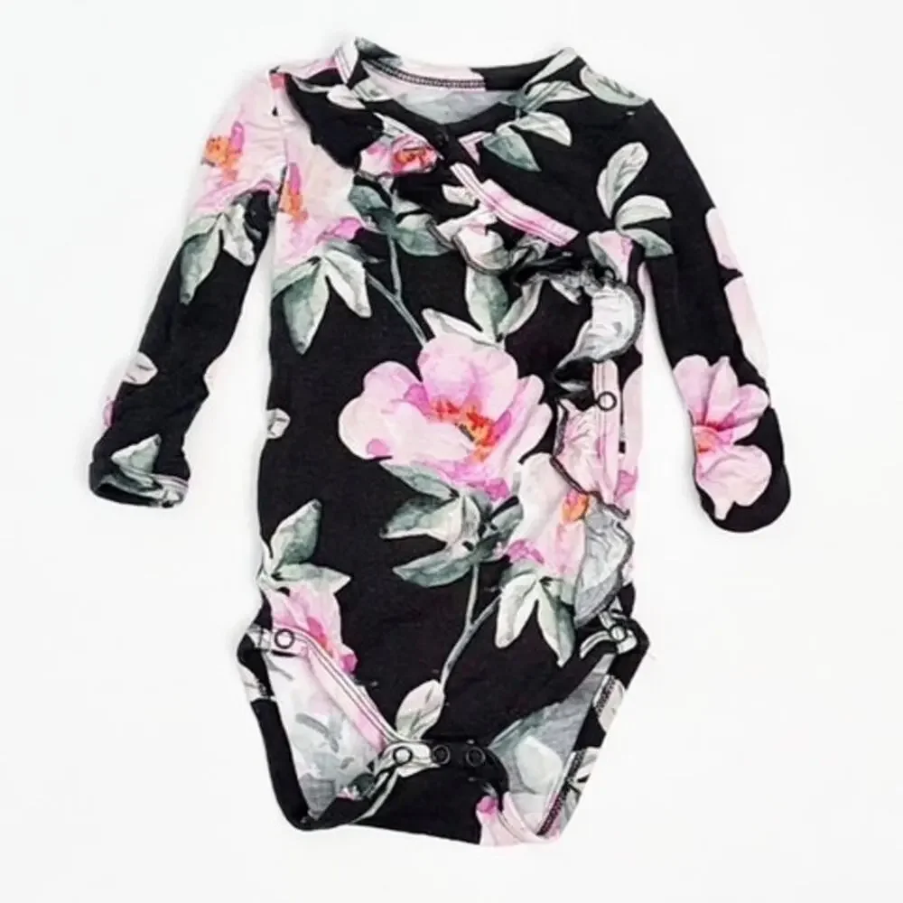 Posh Peanut 0-3m Long Sleeve Kimono Tenni Bodysuit Black Floral